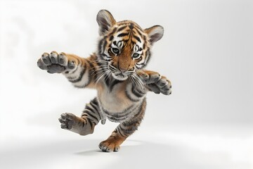 Obraz premium Levitating Baby Tiger Cub in Dynamic Studio Lighting Against White Background