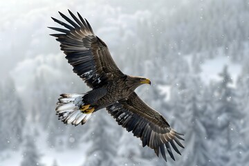 3D Digital Render of Majestic Bald Eagle Soaring Through Snowy Winter Wilderness Backdrop