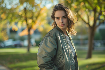 Urban Chic: Portrait of a Modern Beautiful Woman in Leather Jacket at City Park