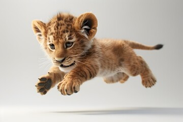 Obraz premium 3D Digital Render of Levitating Baby Lion Cub in Studio Lighting against Plain White Background