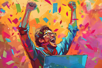 Online Victory: Excited Businessman Celebrates Win with Laptop Illustration