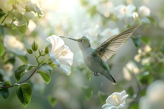 3D Digital Render of Ethereal Levitating Hummingbird Amidst Radiant Floral Backdrop