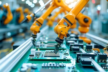 Automated PCB assembly line with precision robot arms at electronics factory ensuring component installation quality control. Concept Robotics, Precision Assembly, PCB Manufacturing, Quality Control