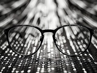 Clear Framed Glasses Reflecting Digital Code: A Vision of Technology - obrazy, fototapety, plakaty