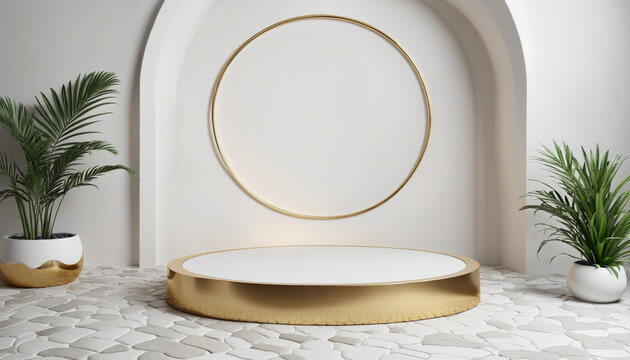 3d render, abstract minimalist white background with golden ring frame, cobblestone, rock and palm leaf shadow. Vacant podium. Trendy showcase with empty stone platform for product presentation colorf