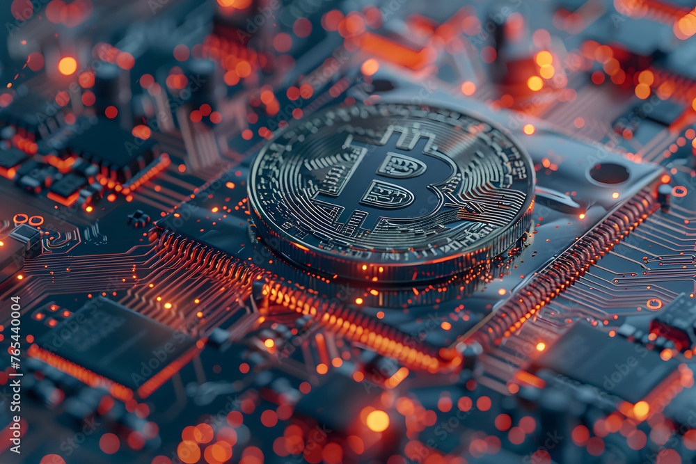 Poster golden bitcoin integrated into microcircuit: abstract background of digital currency