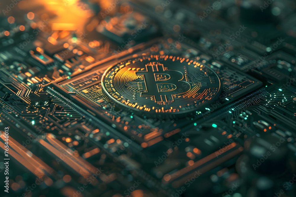 Poster golden bitcoin integrated into microcircuit: abstract background of digital currency