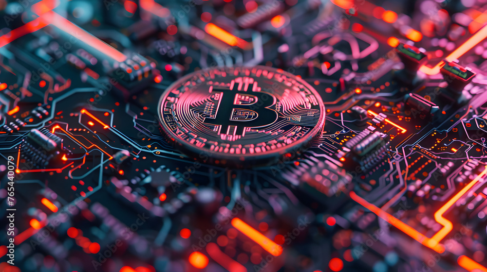 Poster golden bitcoin integrated into microcircuit: abstract background of digital currency