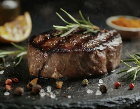 Premium Beef Steak. Grilled meat steak Filet Mignon with seasonings. Juicy meat steak. Beef