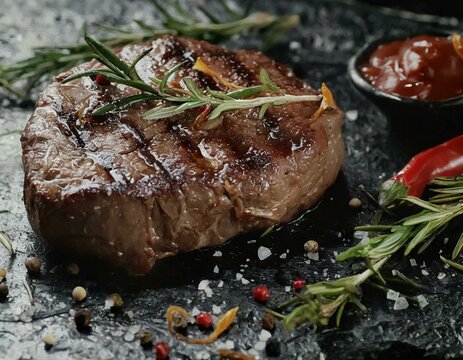 Premium Beef Steak. Grilled meat steak Filet Mignon with seasonings. Juicy meat steak. Beef