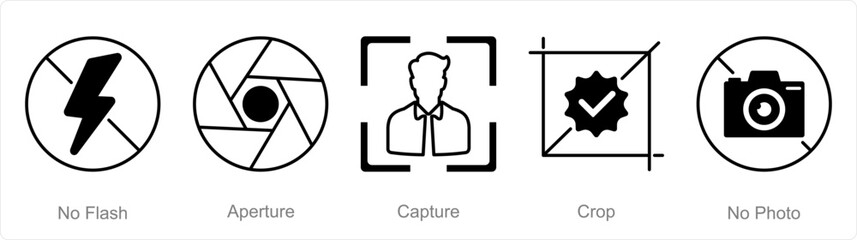 A set of 5 Photography icons as no flash, aperture, capture