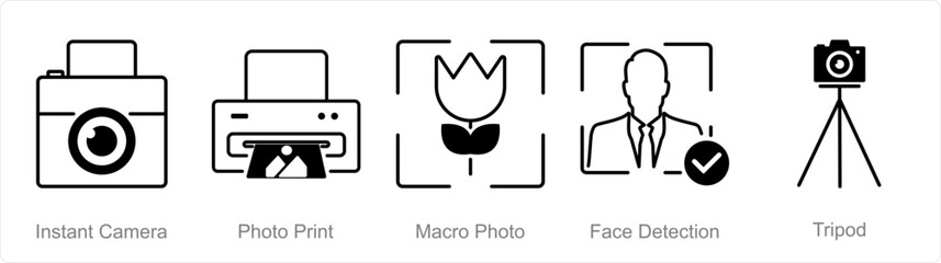 A set of 5 Photography icons as instant camera, photo print, macro photo