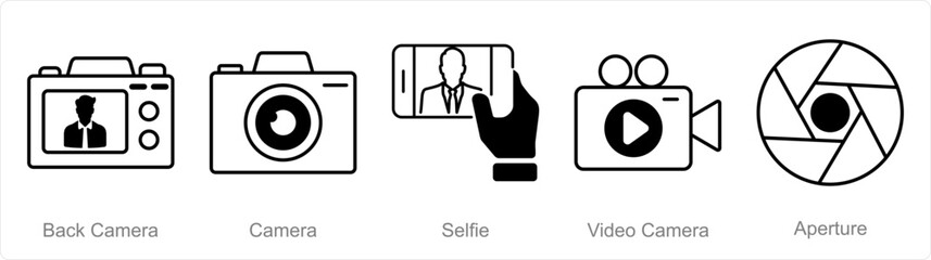 A set of 5 Photography icons as back camera, camera, selfie