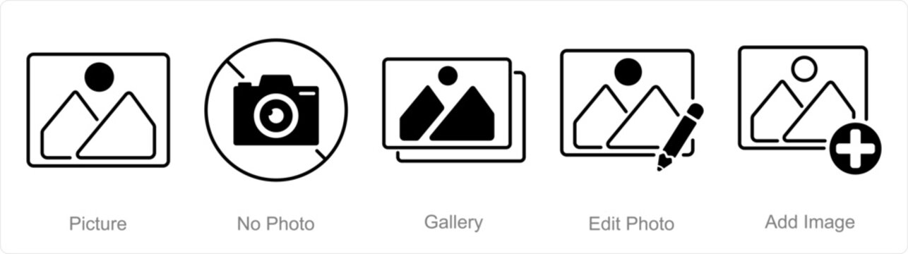A set of 5 Photography icons as picture, no photo, gallery
