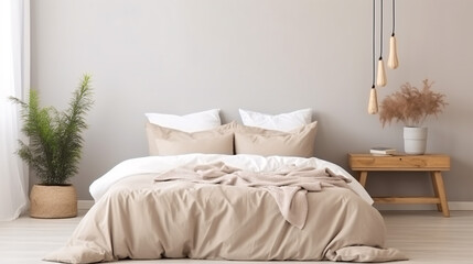 Interior of modern bedroom with beige bedding and pillows