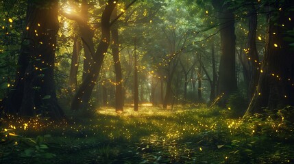 A serene forest glade, illuminated by ethereal faerie lights dancing among the ancient trees, casting enchanting shadows on the forest floor.

