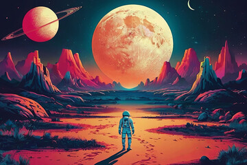 Vintage risograph travel poster depicting a futuristic vacation on the moon. Retro-futuristic...