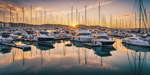 Rolgordijnen Tranquil Marina at Sunset  Description: A row of sailboats and motorboats are docked at a calm marina at sunset, casting long shadows on the water. The sky is ablaze with orange, pink, and purple hues © chick_david