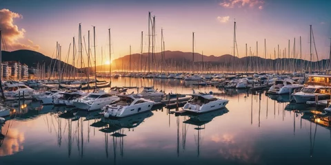 Fotobehang Tranquil Marina at Sunset  Description: A row of sailboats and motorboats are docked at a calm marina at sunset, casting long shadows on the water. The sky is ablaze with orange, pink, and purple hues © chick_david
