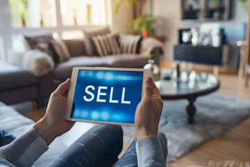 Sell stocks online concept image with a person holding a tablet with word Sell on screen representing an investor wanting to sell stocks from home - obrazy, fototapety, plakaty