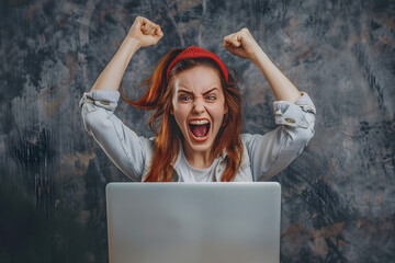 Cheering Champion: Woman Celebrates Success on Laptop