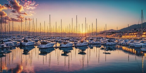 Tranquil Marina at Sunset

Description: A row of sailboats and motorboats are docked at a calm marina at sunset, casting long shadows on the water. The sky is ablaze with orange, pink, and purple hues - obrazy, fototapety, plakaty