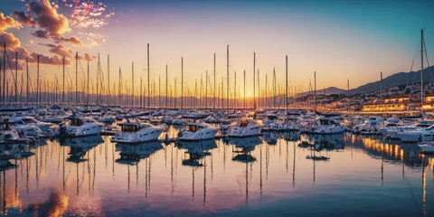 Deurstickers Tranquil Marina at Sunset  Description: A row of sailboats and motorboats are docked at a calm marina at sunset, casting long shadows on the water. The sky is ablaze with orange, pink, and purple hues © chick_david