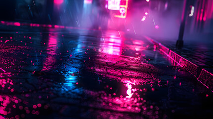 Urban Glow: Neon Lights Reflecting on Old Wet Asphalt Against a Dark Background