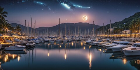 Marina at Sunset. A row of sailboats and motorboats are docked at a calm marina at sunset, casting long shadows on the water. - obrazy, fototapety, plakaty