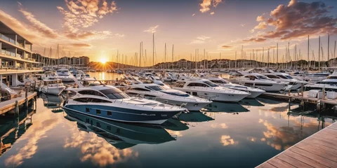 Tuinposter Tranquil Marina at Sunset  Description: A row of sailboats and motorboats are docked at a calm marina at sunset, casting long shadows on the water. The sky is ablaze with orange, pink, and purple hues © chick_david