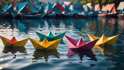  Colorful origami paper boats sailing in water. AI generated image, ai - obrazy, fototapety, plakaty