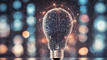Creative concept of human brain in light bulb. AI generated image. Creative brain Idea and light bulb concept ,Business and education concept - obrazy, fototapety, plakaty