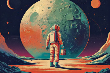 Vintage risograph travel poster depicting a futuristic vacation on the moon. Retro-futuristic concept. Stylized and imaginative design.