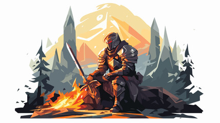 Lokii34 knight with the magic sword sitting on the fire digit - obrazy, fototapety, plakaty