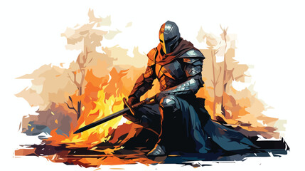 Lokii34 knight with the magic sword sitting on the fire digit - obrazy, fototapety, plakaty