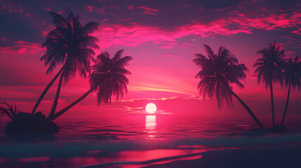 Tropical Tranquility: Gradient Sunset with Palm Tree Silhouettes