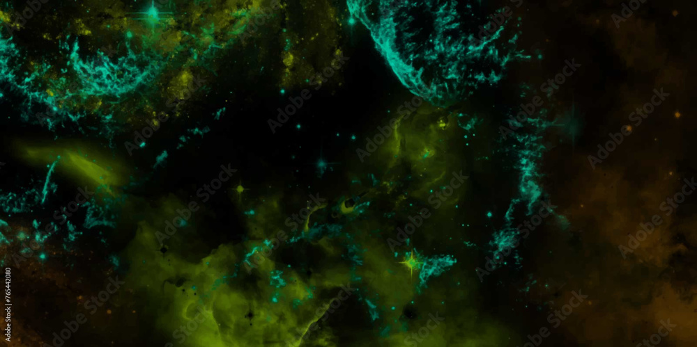 Poster star field background. green nebulae. beautiful mystic nebula in deep space. infinite cosmic open sp