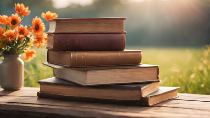 Flowers in a vase beside  book.  Stack of old books on outdoor wood table with landscape view. Lifestyle concept. Old hardcover books. Educational concept.  AI generated image, ai