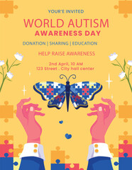 Obraz na płótnie Canvas Creative Poster Set Or Flyer or Banner Set Of World Autism Awareness Day. Autism awareness concept with hand of puzzle pieces as symbol of autism, illustration banner or poster of World autism awarene