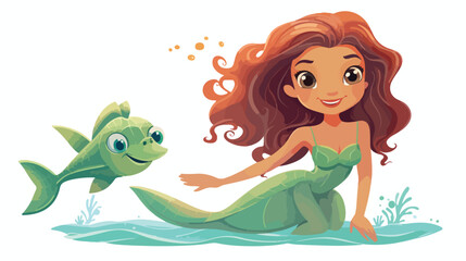 Lokii34 Lovely mermaid with little turtle Flat vector 