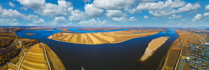 Aerial photography of autumn scenery in the Jiayin Basin of Heilongjiang Province - 765442606