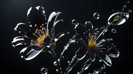  transparent. glass flower splashes on black damp background. AI generated image, ai. Floral background in nature on the mountains.  AI generated image