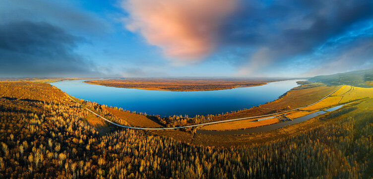 Aerial photography of autumn scenery in the Jiayin Basin of Heilongjiang Province
