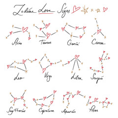 Valentine hearts constellation card - zodiac sign Aries, Taurus, Gemini, Cancer, Leo, Virgo, Libra, Scorpio, Sagittarius, Capricorn, Aquarius, and Pisces. Vector horoscope design cute minimalist