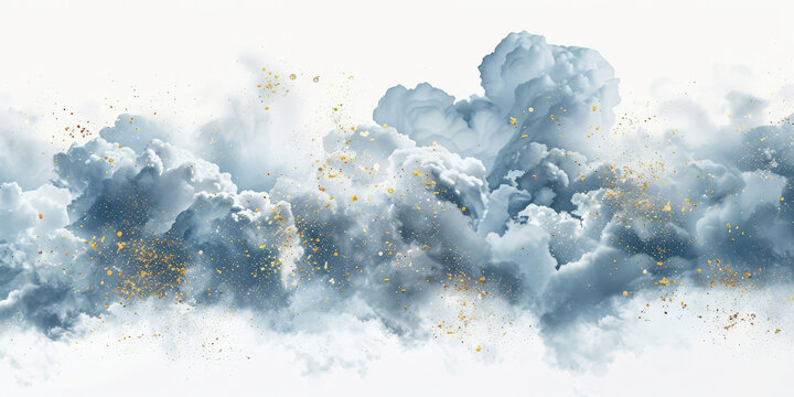 clouds  watercolor  with gold on white backround, banner