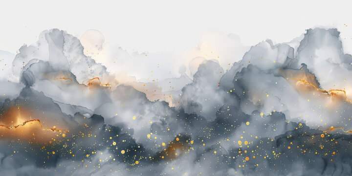 clouds watercolor with gold on white backround, banner