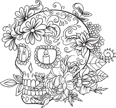 a skull with flower background zen style coloring page