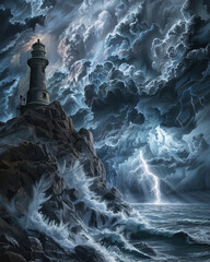 The image showcases a sturdy lighthouse braving a fierce storm with tumultuous waves and lightning strikes against dark clouds - obrazy, fototapety, plakaty