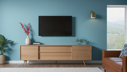 TV cabinet in a contemporary living room with a background of a blank blue wall.  colorful background