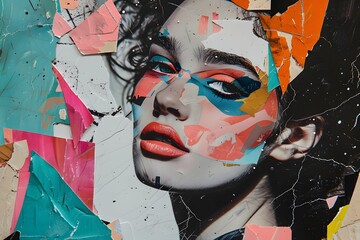 Vibrant Abstract Paper Collage Portrait of Alluring Female Face